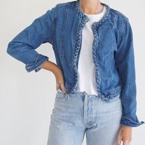 Habitual Blue Denim Braided Trim Fringe Edge Collarless Button Jean Jacket L